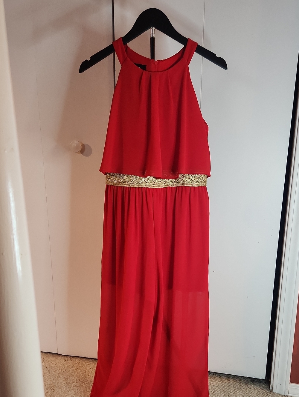 Red Girls' Halter Maxi Dress with Gold Waistband